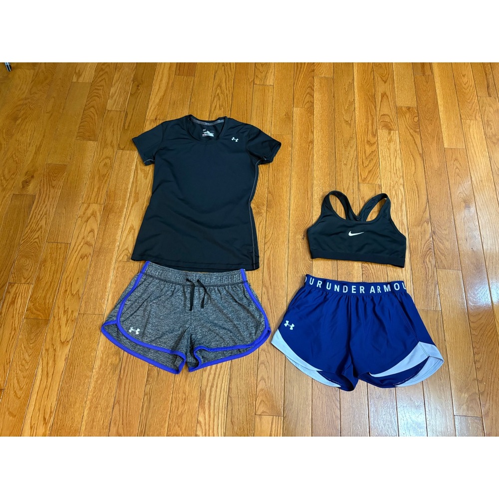 Under Armour & Nike Womens Activewear Bundle Shirt Sports Bra Shorts Set 4pc